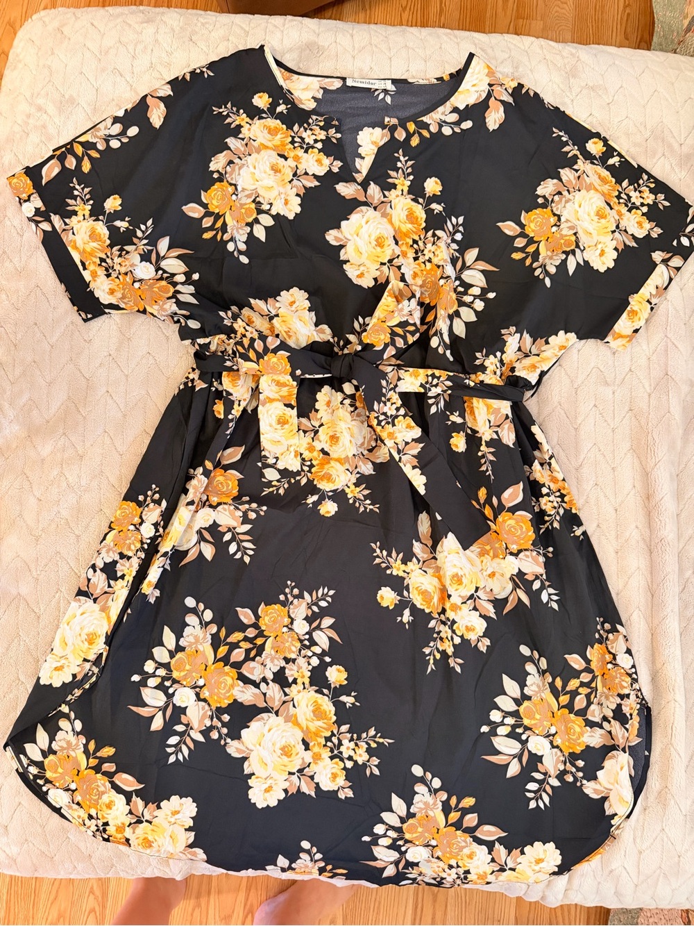 Black Floral Belted Midi Dress with Yellow Rose Print